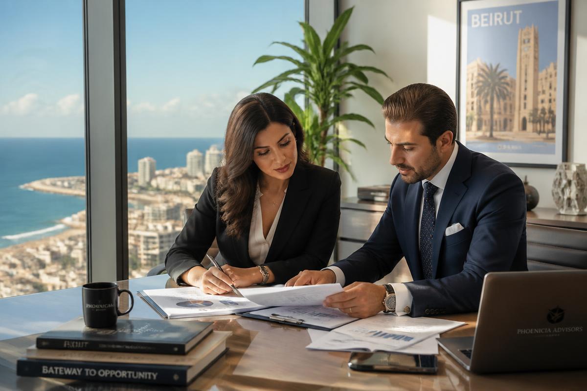 Lebanese business advisors reviewing investment documents in a Beirut office