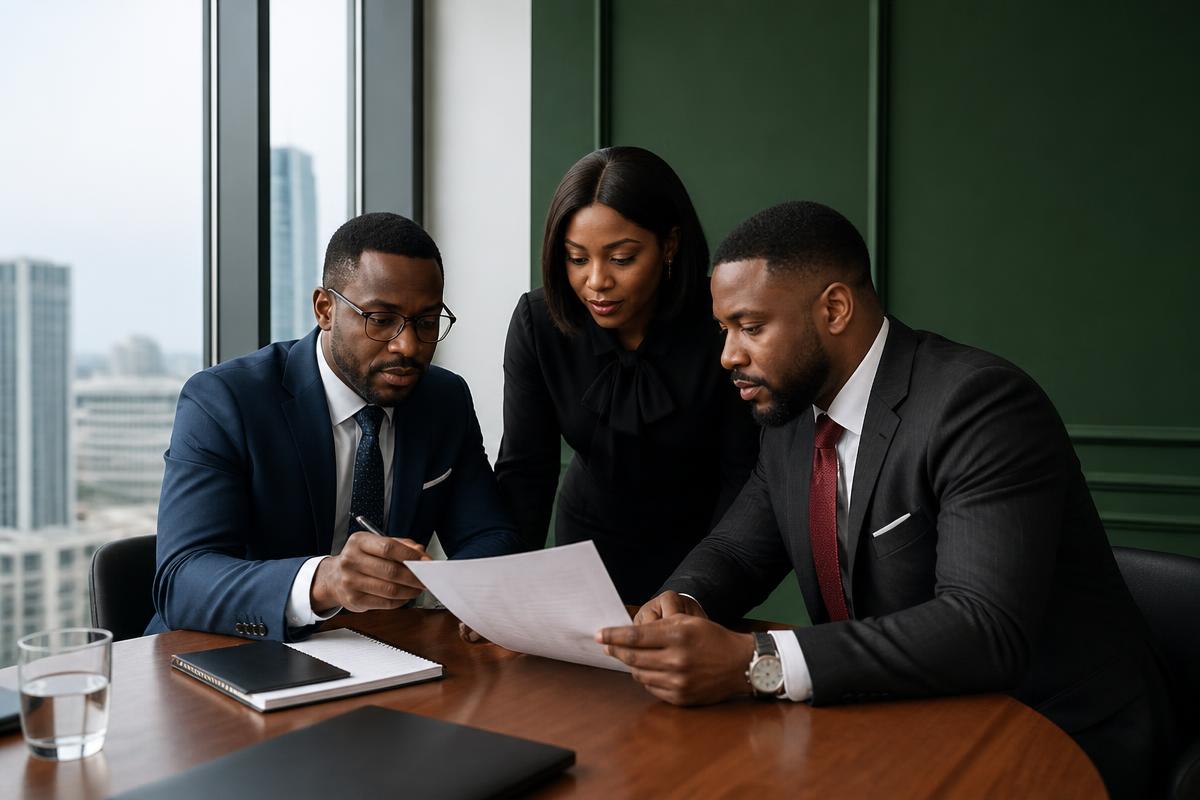 Nigerian business consultants reviewing a growth strategy in a Lagos office