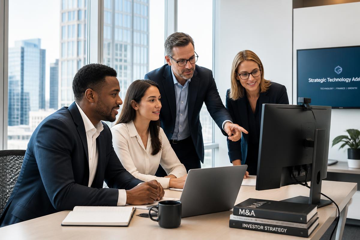 American technology and finance advisors collaborating in a modern US office